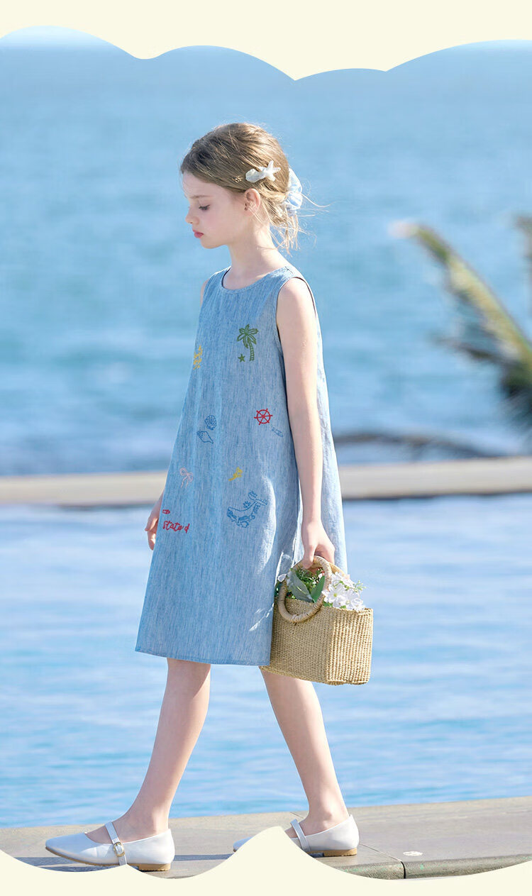 CHANZUIGOU Girls' Tencel Linen Denim Dress 2026 Summer New Elegant Printed Sleeveless Dress 18